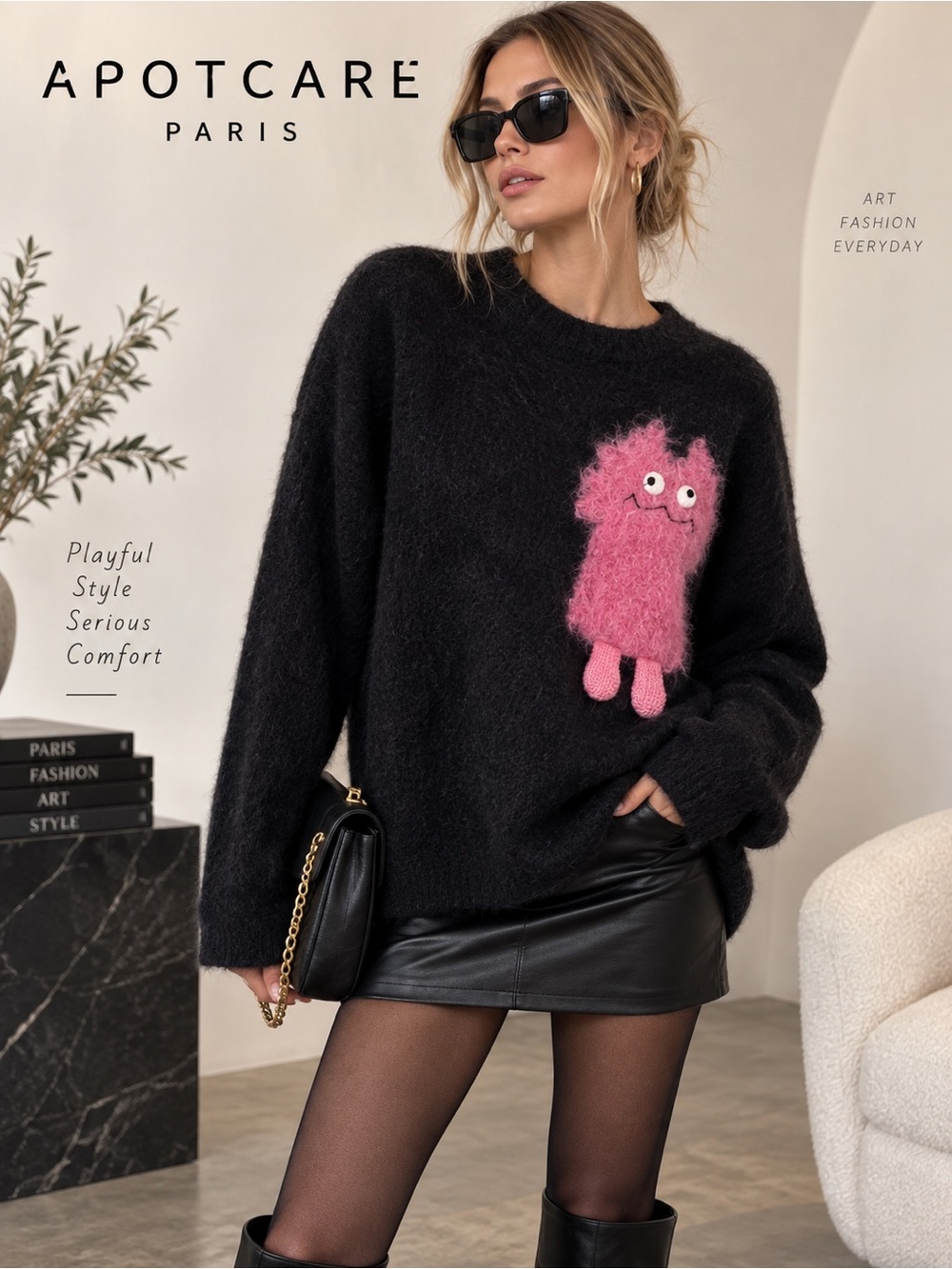 Apotcare Paris Monster Embroidery Mohair Sweater Black Pink Graphic Medium